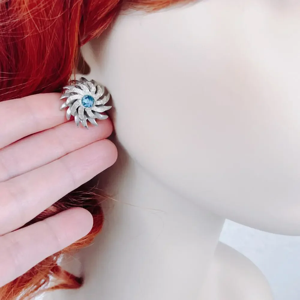 Signed Kramer Vintage Mid Century Atomic Aqua Blue Rhinestone Clip Earrings
